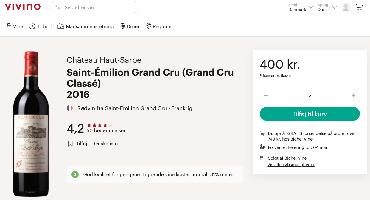 Château HautSarpe SaintEmilion Grand Cru Classé 2016 FRANSK RØDVIN